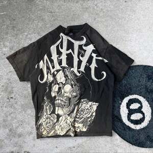 Vintage Y2K Affliction Style Black Skull Graphic Tee, Men's Size M